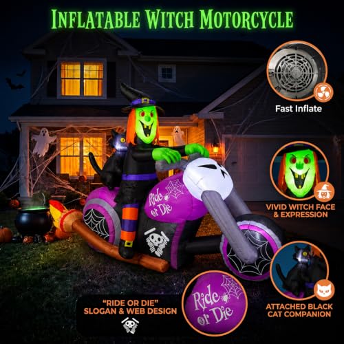 7FT Halloween Inflatable Witch on Motorcycle with Black Cat - Outdoor Yard Decor - Biker Witch Variation