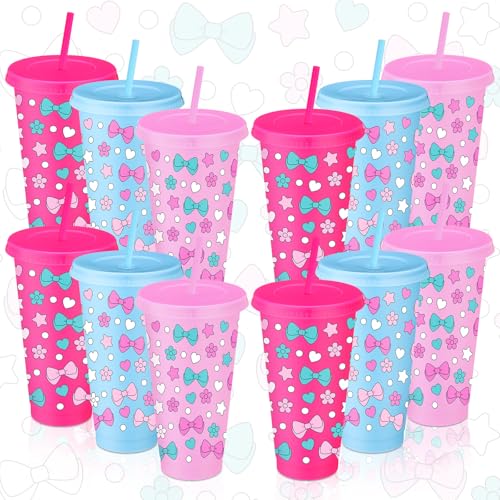 12-Pack Reusable Kitty Cat Plastic Tumbler Cups with Lids & Straws - 24 oz