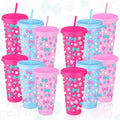 12-Pack Reusable Kitty Cat Plastic Tumbler Cups with Lids & Straws - 24 oz