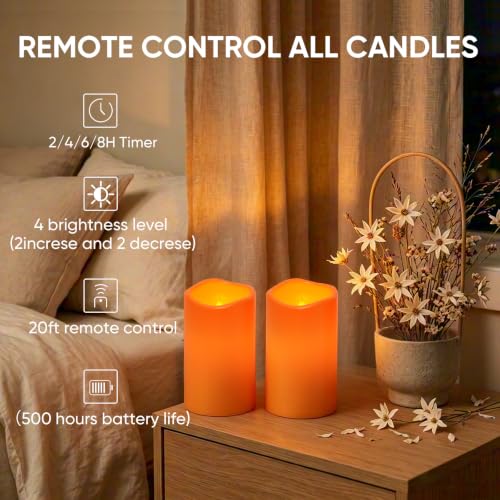 Orange Flameless Waterproof Candles 3x5 Inches, LED Pillar Lights, 2 Pack