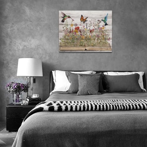 Rustic Hummingbird Wall Art Canvas Print - Farmhouse Flower Butterfly Decor, 16x12 Inches - Hummingbird Flowers Variation