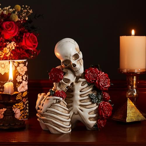 Gothic Skeleton Couple Figurines for Halloween Home Decor - Spooky Dark Romantic Statue Set