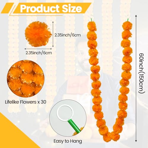 Orange Marigold Garland Set - 10 Pieces, 5 Feet Artificial Indian Decoration