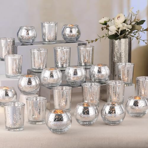 Silver Glass Votive Candle Holders Set - 72pcs Assorted Mercury Finish with Variation Silver (36pcs + 36pcs)
