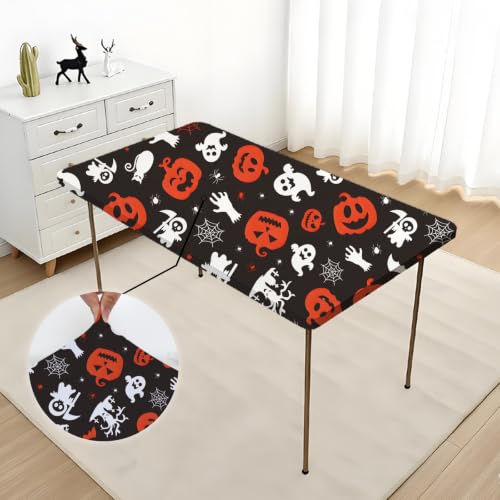 Halloween Fitted Table Cover 24x48 Inch Orange Pumpkin Spiders Cobweb Bat - Washable