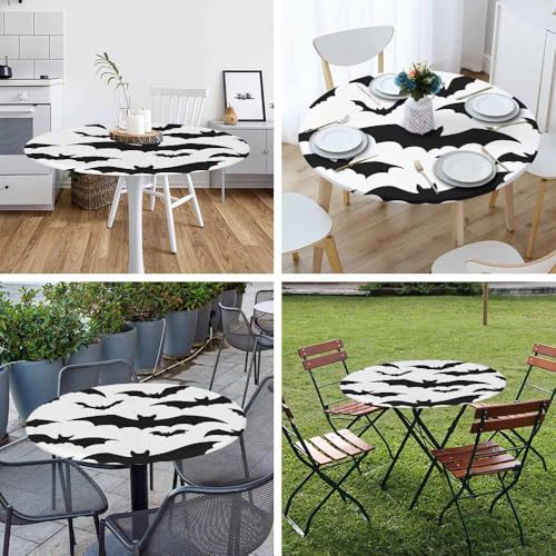 Halloween Bat Tablecloth - Black & White Round Elastic Edged Washable 40-44 Inch - Bats Variation