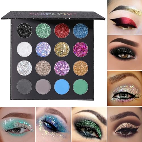 Glitter Eyeshadow Makeup Palette - 12 Chunky & Fine Pressed Glitter & Eye Shadows - Variation B