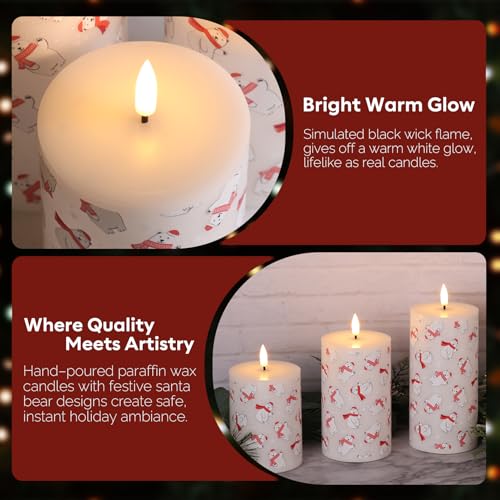 Eywamage Bear Winter Christmas LED Pillar Candles with Remote - Set of 3