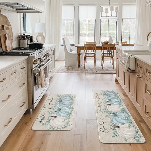 Hello Pumpkin Fall Kitchen Mats Set of 2 - 17x29 & 17x47 Inches, Blue