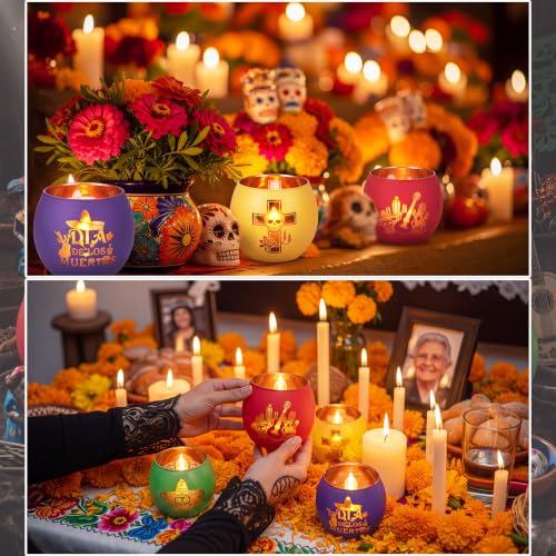 Day of the Dead Candle Holders Set - Vibrant Glass Decor for Festive Celebrations
