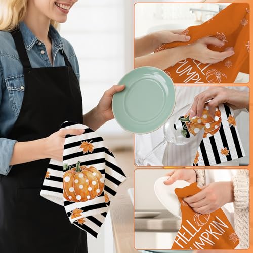 Pumpkin Stripe Fall Kitchen Towels Set of 2 - 18x28 Inches, Autumn Decor