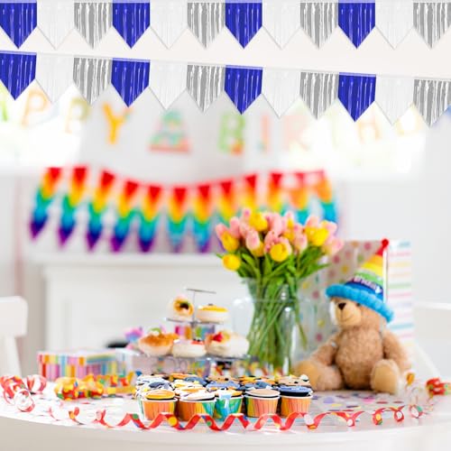 Glitter Triangle Pennant Banner Flag - Metallic Bunting Wall Hanging - Blue White Silver