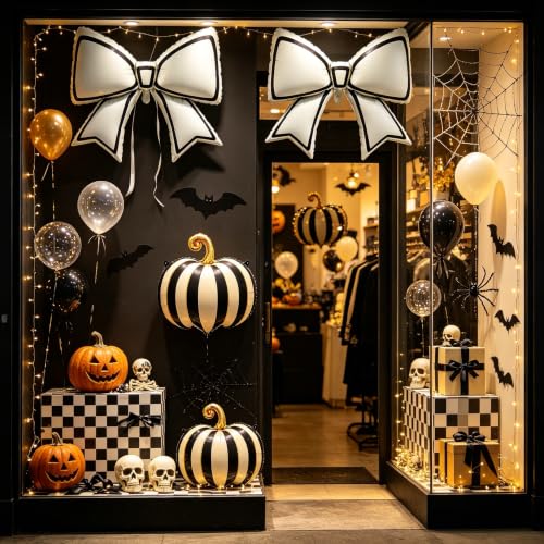 Black White Halloween Foil Balloon Set with Matte Bow & Striped Pumpkins