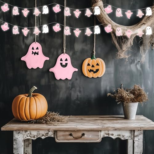 Pink Ghost Halloween LED String Lights - Battery Operated 10ft Spooky Decor