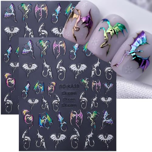 Self-Adhesive Halloween 5D Nail Stickers - Silver Bat Flying Dragon Pattern, 2 Sheets
