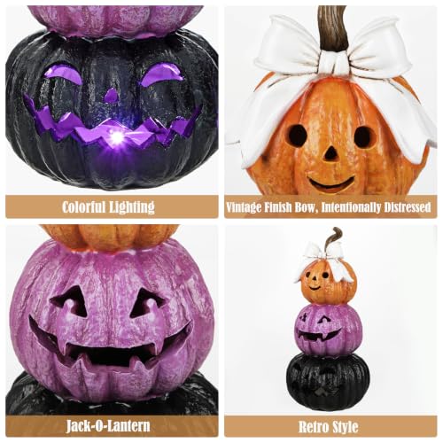 Fall Halloween LED Jack O' Lantern Pumpkin 3-Tier Resin Decor with Bow