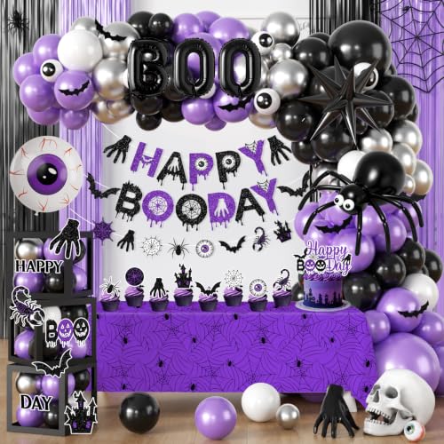 Black and Purple Halloween Birthday Decorations Set with Banner, Balloons, Web, and Balloon Arch