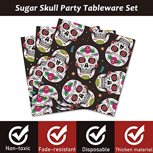 Day of the Dead Party Supplies Set - Skull Tablecloth Plates Napkins & Cutlery - Mexican Fiesta Halloween Birthday Decor
