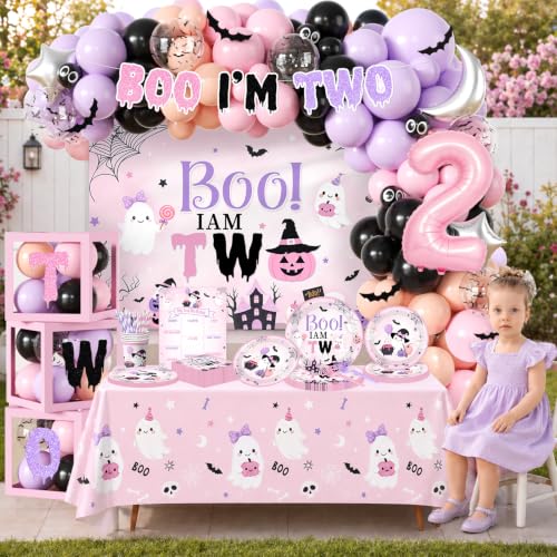 All-in-One Halloween Boo I'm Two Birthday Decorations for Girls - Ghost, Pumpkin, Bat, Witches Hat Theme, 264pcs
