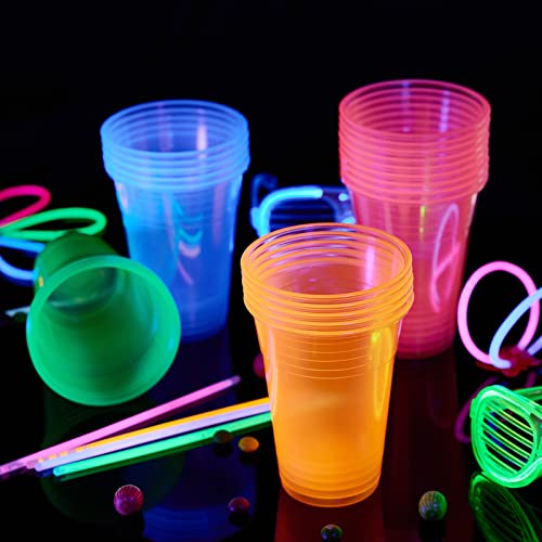 16 oz Neon Plastic Cups - Assorted Glow Party Cups, 100 Pack