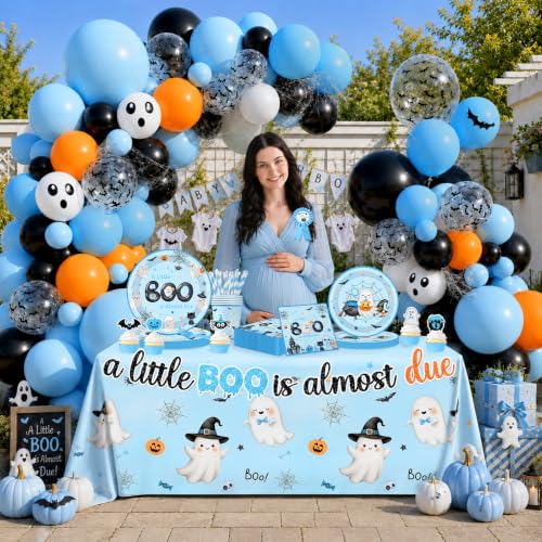 Halloween Baby Shower Decorations Set - 268Pcs Little Boo Is Almost Due Party Supplies for Boys