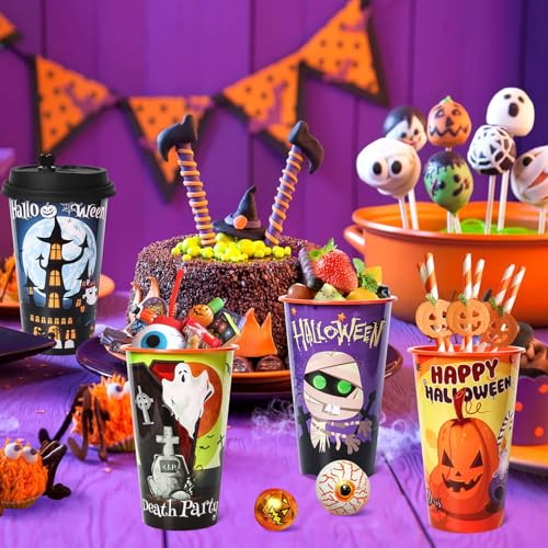 Halloween Party Cups Set - 24 Reusable Plastic Cups with Lids & Plugs, 16oz Spooky Designs