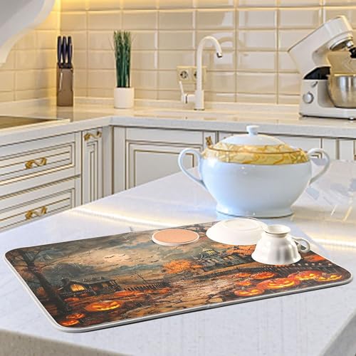 Halloween Town Dish Drying Mat - 18x18 Black Pumpkin Lantern Bat Reusable Microfiber