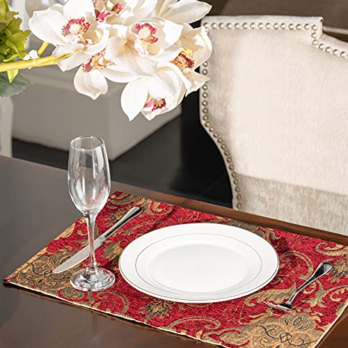 Red Chenille Damask Placemats Set of 6 - Luxury Jacquard Christmas Table Decor
