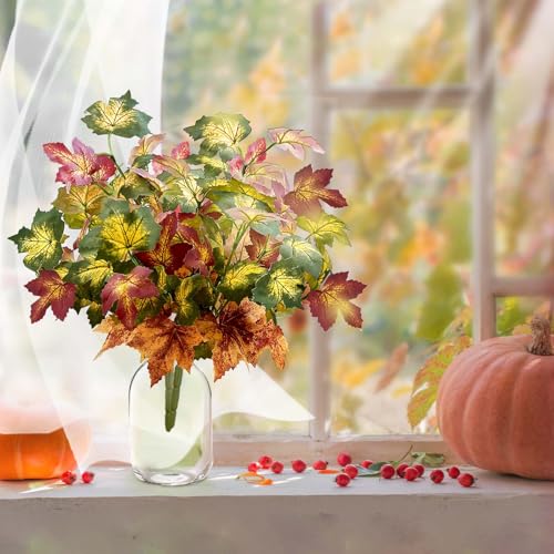 Artificial Maple Leaves Branches - Fall Decor for Thanksgiving & Halloween, 17.7in, Green-Yellow-Red