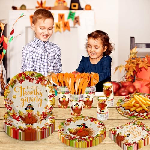Thanksgiving Party Supplies Set with Plates Napkins Cups Forks Knives Spoons Fall Decorations