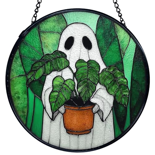 Halloween Ghost Stained Glass Sun Catcher - Indoor Window Wall Decor, 7.9 Inch