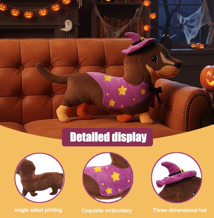 Halloween Dachshund Pillow - Dachshund Halloween Decor with Wizard Hat - 13.8 x 12.2 Inches - Halloween Dachshund Variation