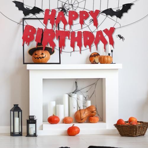 Halloween Happy Birthday Banner - Bloody Style Glitter Bat, Red