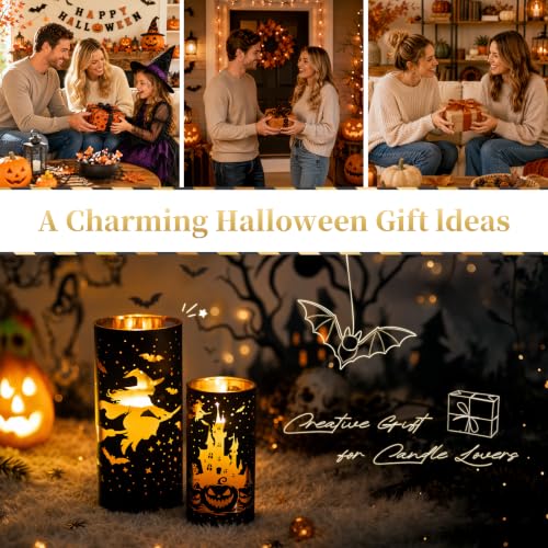 Halloween Candle Holders Set - Black Gold Glitter Pillar Decor, 2 Pcs