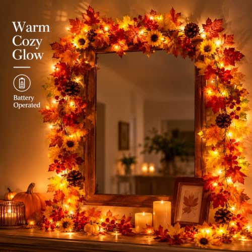 Fall Leaf Garland with Lights - 13.2ft Autumn Decor for Indoor & Outdoor