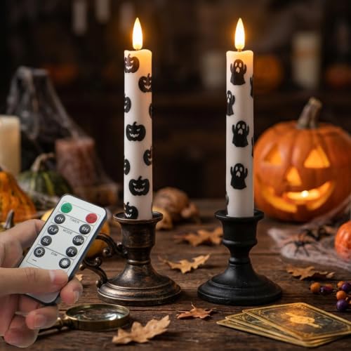 Halloween Ghost & Pumpkin Taper Candles Set with Remote Timer - Flameless, Flickering & Steady Light, 2PCS