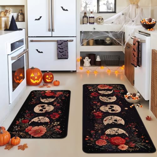 Halloween Skull Kitchen Rugs Set of 2 Non-Slip Floor Mats - Halloween Skull Variation