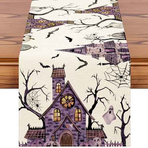 Artscope Purple Haunted House Tree Ghost Halloween Table Runner 13x90 Inch - Fall Kitchen Decor