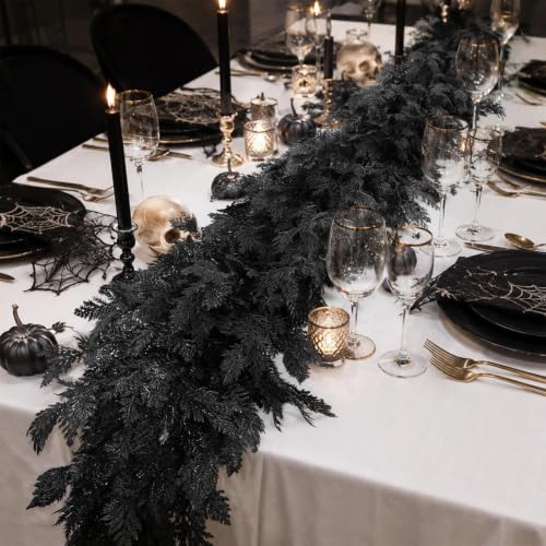 Halloween Garland 8.9FT Black Artificial Decor for Mantle Fireplace & Porch - Real Touch Cedar Cypress Pine - Variation 1