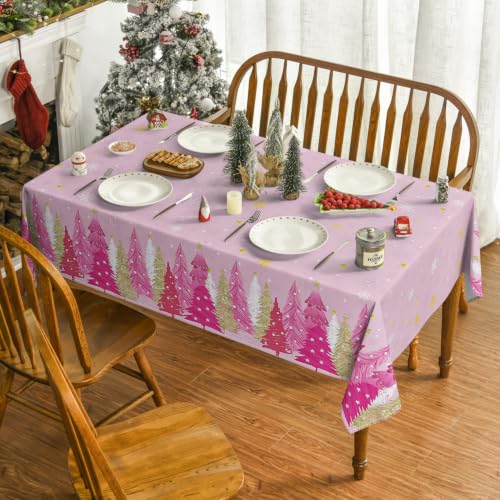 Horaldaily Pink Tree Border Christmas Tablecloth 60x120 Inch Rectangular Washable Seasonal Table Cover - Light Pink Variation