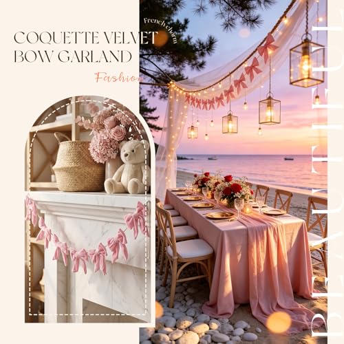 Pink Velvet Bow Garland 8.2FT Wall & Window Decoration for Party & Holidays