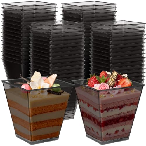 Black Plastic Dessert Cups - 8 oz Square Style, 100 Pack