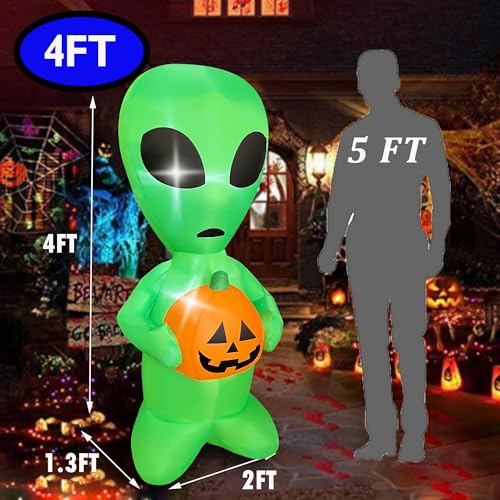 4FT Halloween Inflatable Alien with Pumpkin Decor and LED Lights