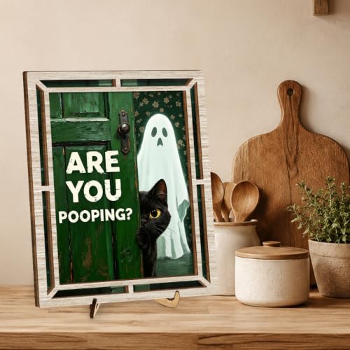 Are You Pooping? Halloween Cat Ghost Wooden Bathroom Sign - Funny Wall Decor - Are