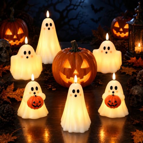 Halloween Ghost and Pumpkin Flameless Candles Set - Spooky LED Decor, 6 Pieces