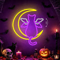 Purple MoonCat Halloween Bat Cat Neon Sign with Waving Wings USB Light