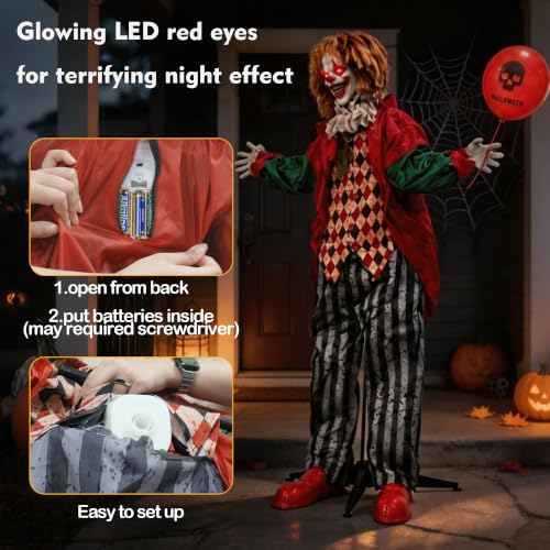Halloween Animatronic Clown Decor - Life-Size Standing Haunted House Prop with Lighted Eyes & Sound