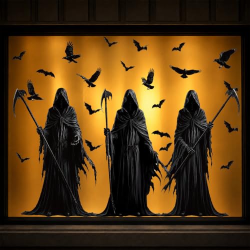 Halloween Grim Reaper Window Clings Decor Set - Extra Large Spooky Decals for Glass