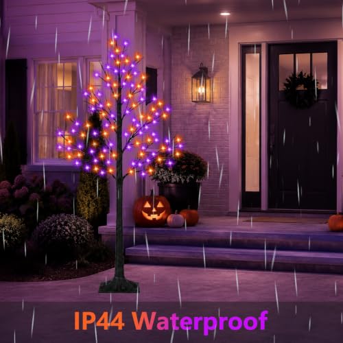 Lighted Halloween Artificial Tree Set - 6FT Black Birch with Orange & Purple LED Lights