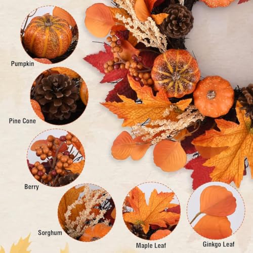 24 Inch Fall Pumpkin Wreath with Hanger - Autumn Harvest Door Decor